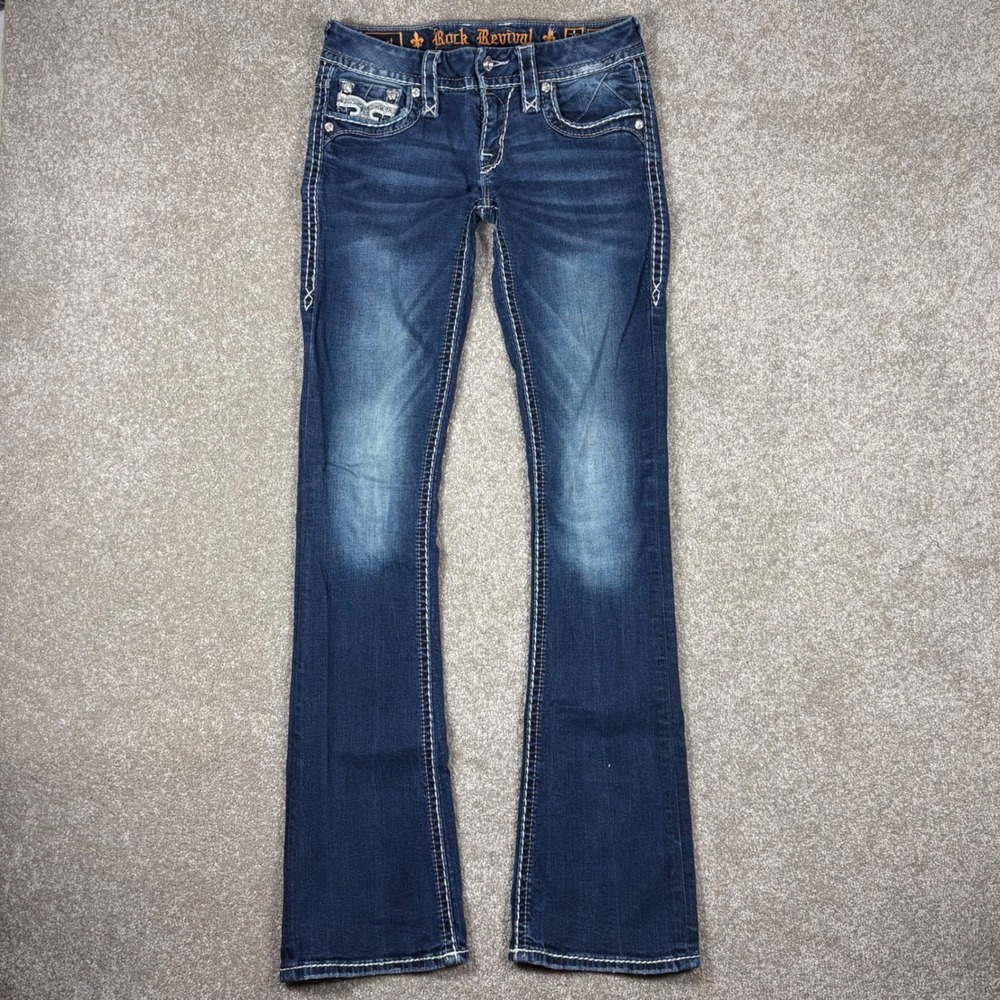 Rock Revival Jonet Bootcut Jeans Dark Wash Rhinestone Embellished Size 26